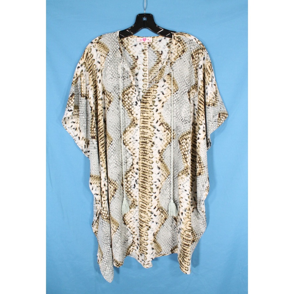 BUDDY LOVE Thin CREPE Blue/Tan SNAKE PRINT V-Neck MINI CAFTAN TUNIC DRESS Sz S/M